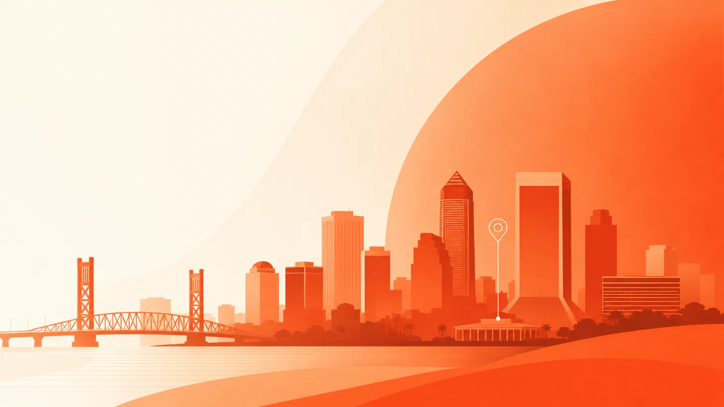 Abstract editorial graphic of the Jacksonville skyline silhouette over a warm gradient with a map-pin motif