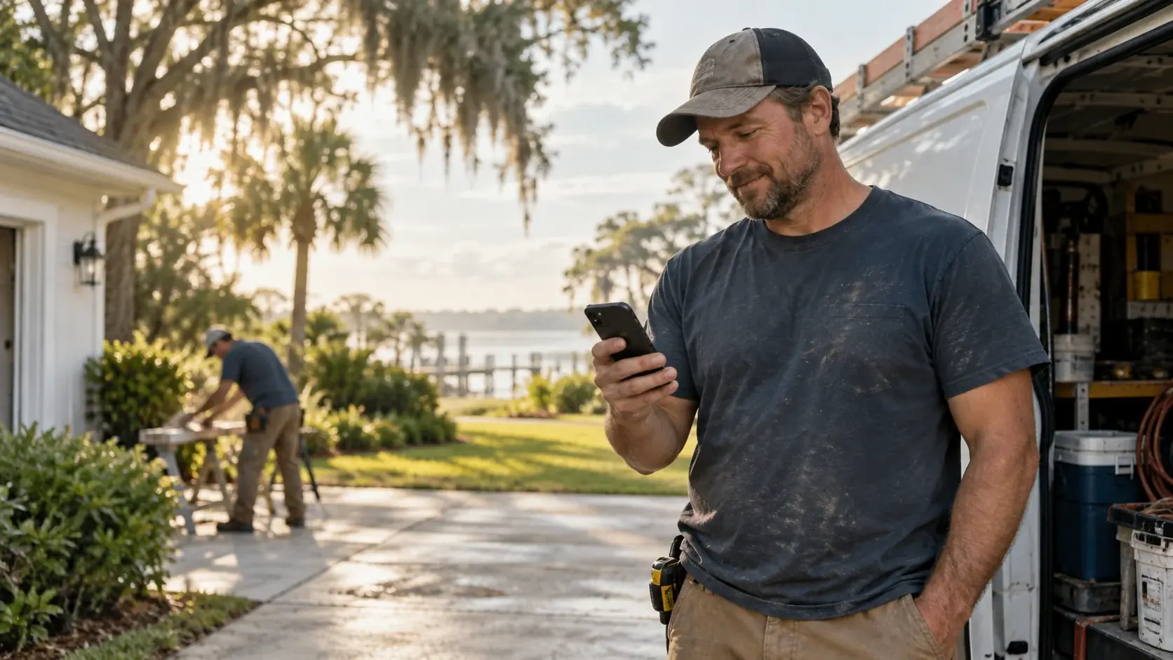 Jacksonville service-business owner checking a new booking beside his work van.